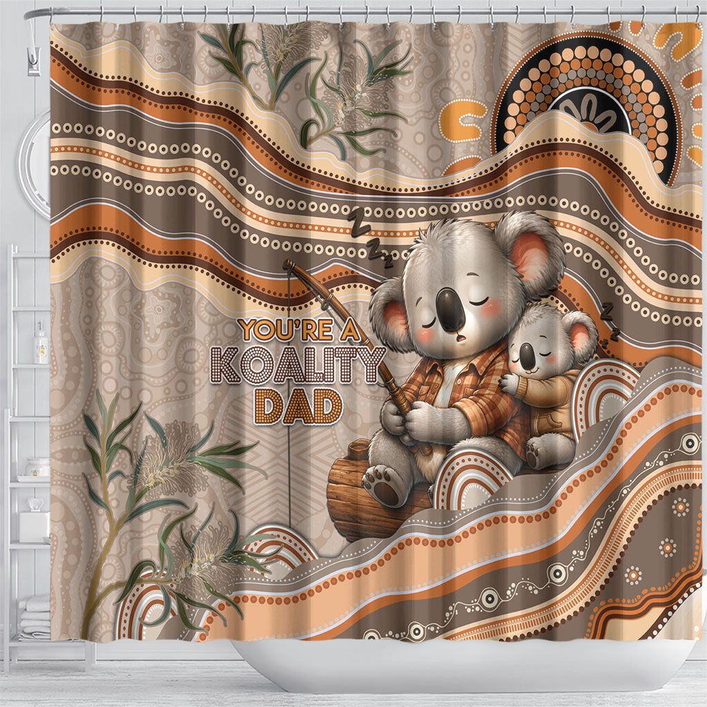 Australia Father's Day Shower Curtain Koality Dad Fishing Aboriginal Dot Art