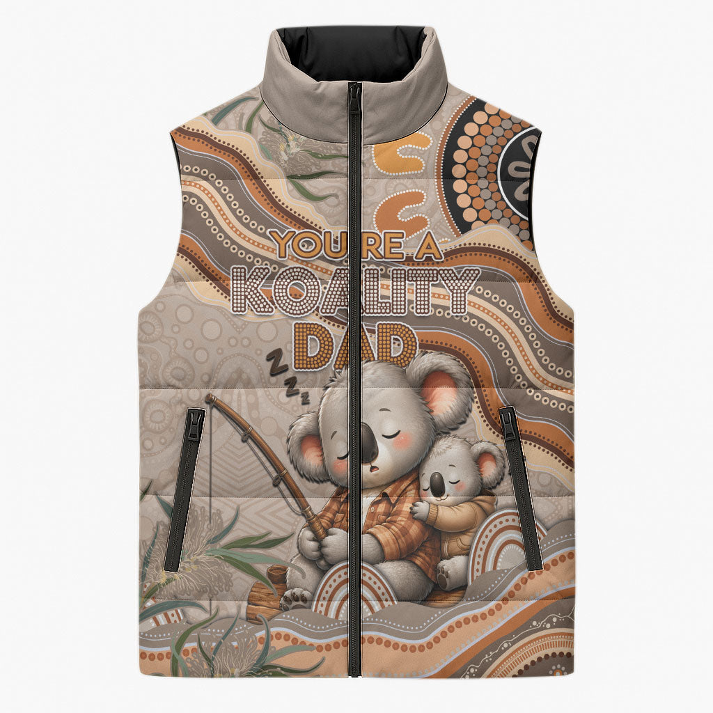 Personalised Australia Father's Day Sleeveless Puffer Jacket Koality Dad Fishing Aboriginal Dot Art