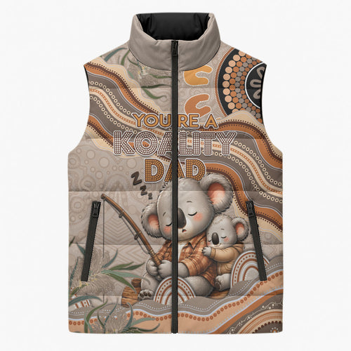Personalised Australia Father's Day Sleeveless Puffer Jacket Koality Dad Fishing Aboriginal Dot Art