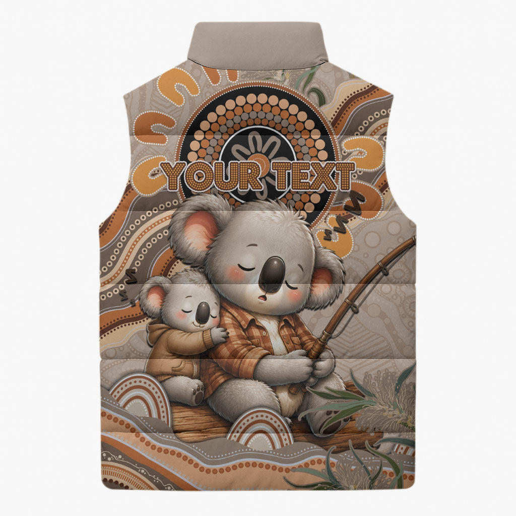 Personalised Australia Father's Day Sleeveless Puffer Jacket Koality Dad Fishing Aboriginal Dot Art