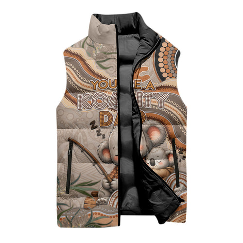 Personalised Australia Father's Day Sleeveless Puffer Jacket Koality Dad Fishing Aboriginal Dot Art
