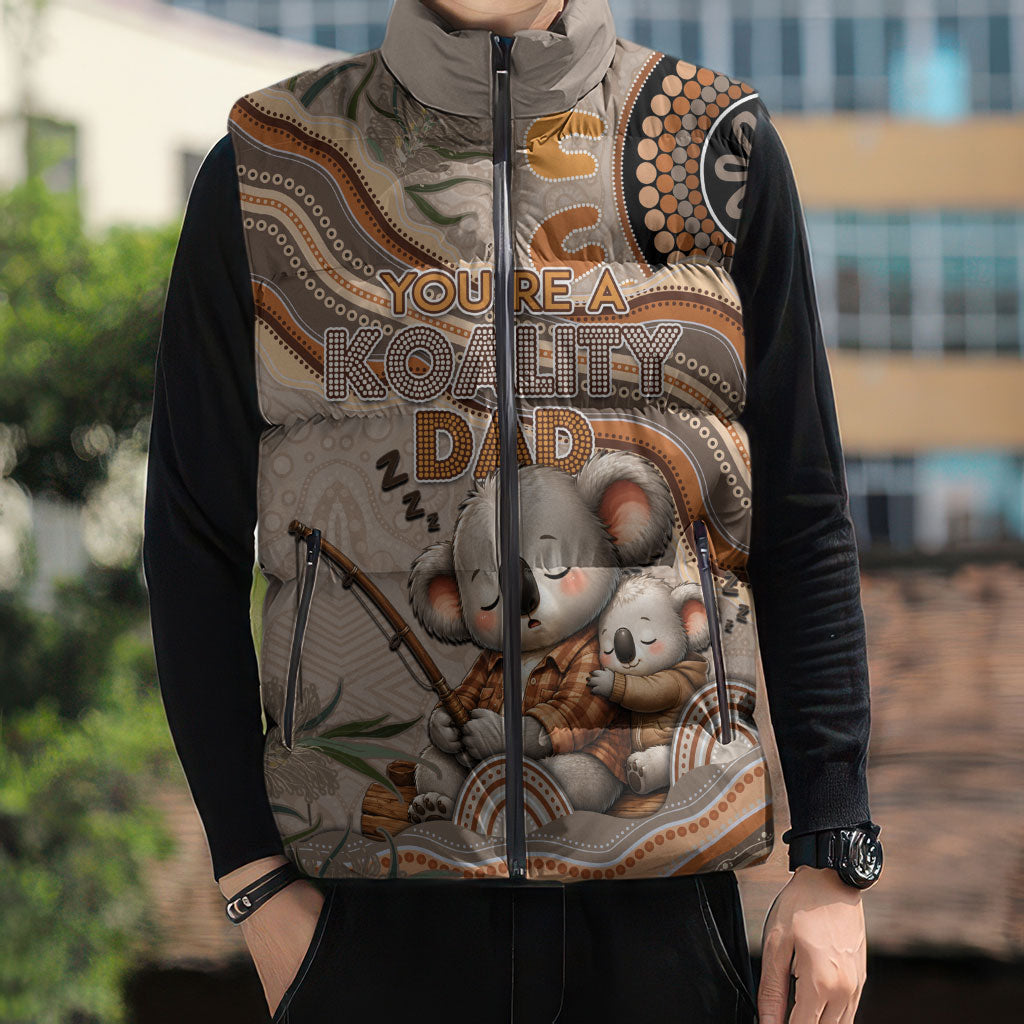 Personalised Australia Father's Day Sleeveless Puffer Jacket Koality Dad Fishing Aboriginal Dot Art