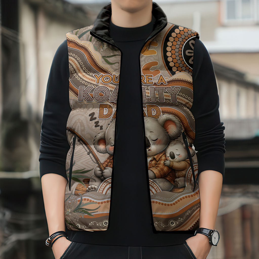 Personalised Australia Father's Day Sleeveless Puffer Jacket Koality Dad Fishing Aboriginal Dot Art