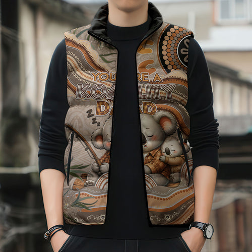 Personalised Australia Father's Day Sleeveless Puffer Jacket Koality Dad Fishing Aboriginal Dot Art