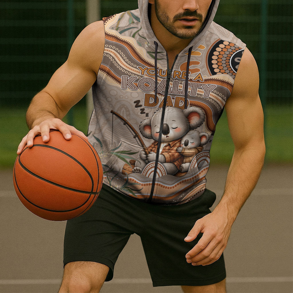 Personalised Australia Father's Day Sleeveless Zip Hoodie Koality Dad Fishing Aboriginal Dot Art