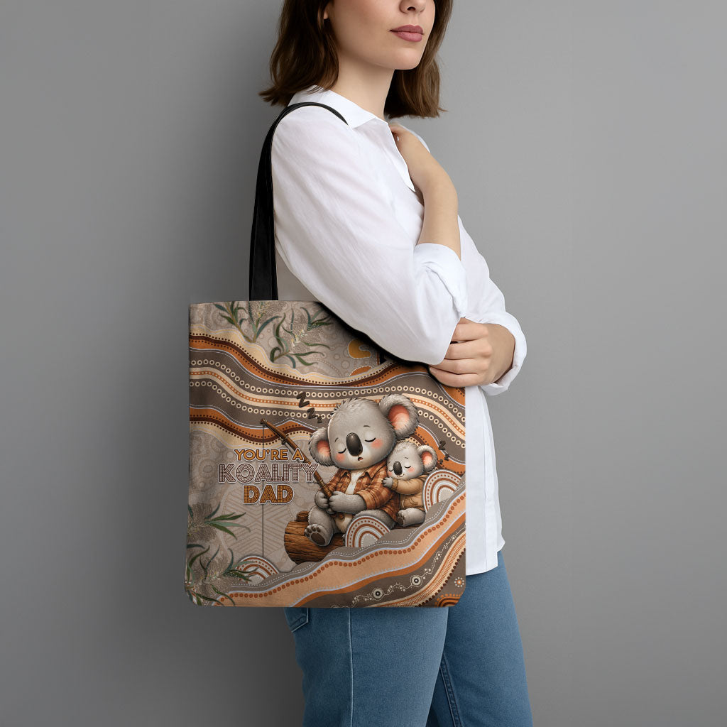 Australia Father's Day Tote Bag Koality Dad Fishing Aboriginal Dot Art