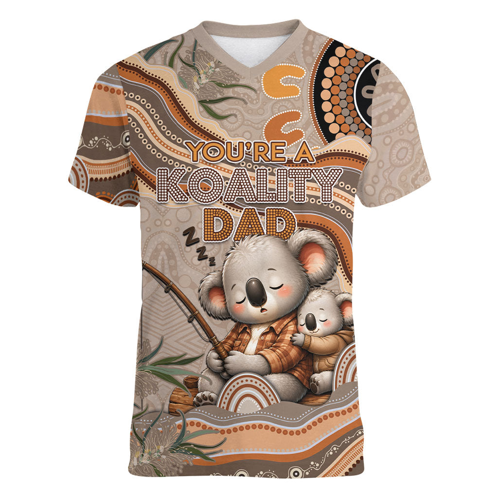 Personalised Australia Father's Day Women V-Neck T-Shirt Koality Dad Fishing Aboriginal Dot Art