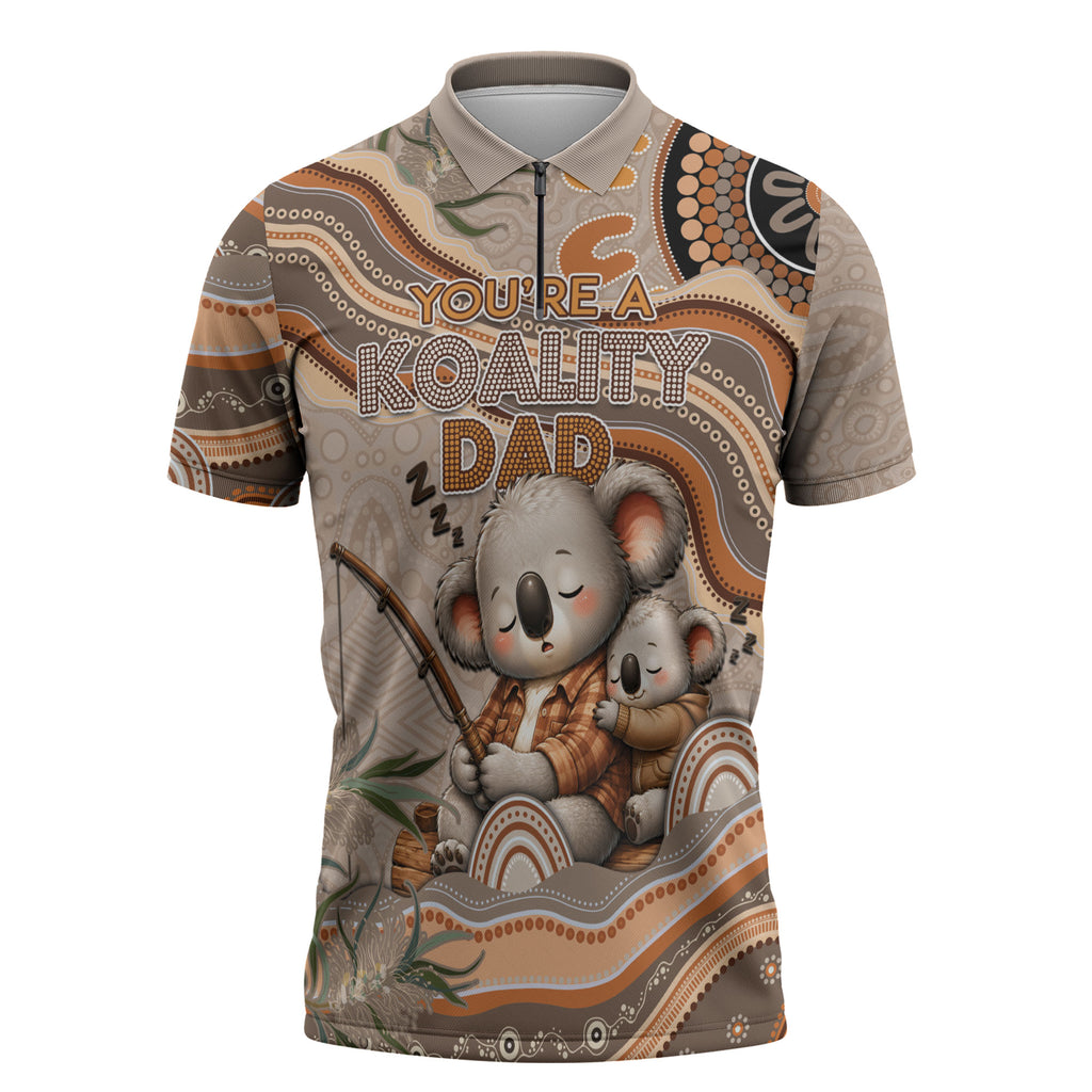 Personalised Australia Father's Day Zipper Polo Shirt Koality Dad Fishing Aboriginal Dot Art