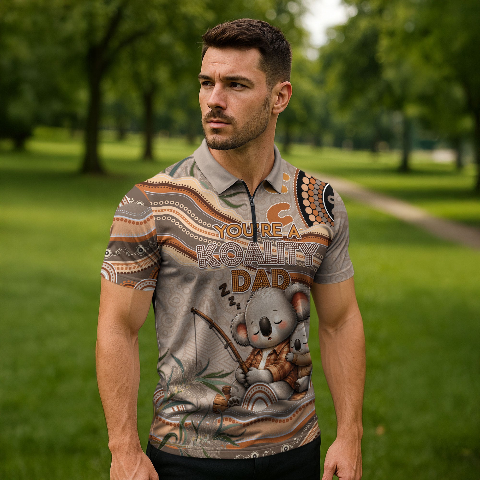 Personalised Australia Father's Day Zipper Polo Shirt Koality Dad Fishing Aboriginal Dot Art
