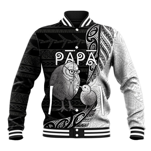 Personalised New Zealand Father's Day Baseball Jacket Papa Kiwi Bird Tribal Pattern