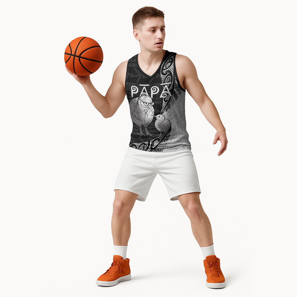 Personalised New Zealand Father's Day Basketball Jersey Papa Kiwi Bird Tribal Pattern