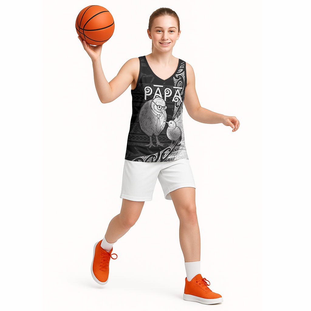 Personalised New Zealand Father's Day Basketball Jersey Papa Kiwi Bird Tribal Pattern