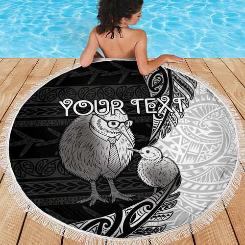 Personalised New Zealand Father's Day Beach Blanket Papa Kiwi Bird Tribal Pattern