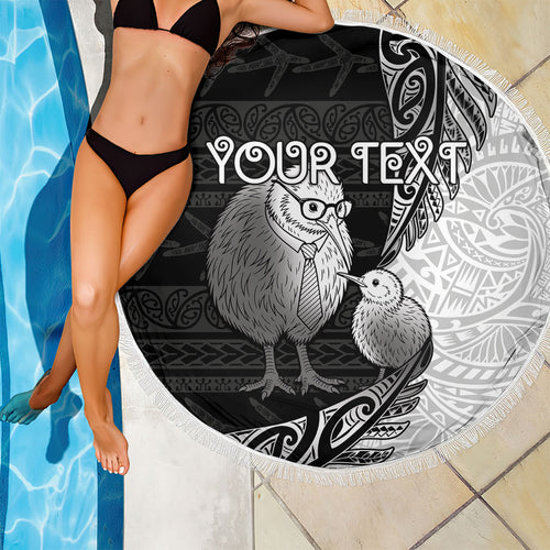 Personalised New Zealand Father's Day Beach Blanket Papa Kiwi Bird Tribal Pattern