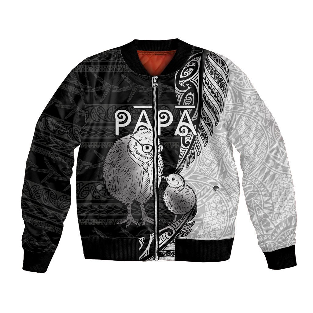 Personalised New Zealand Father's Day Bomber Jacket Papa Kiwi Bird Tribal Pattern