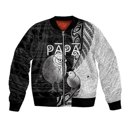 Personalised New Zealand Father's Day Bomber Jacket Papa Kiwi Bird Tribal Pattern