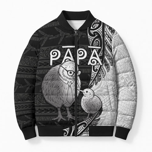 Personalised New Zealand Father's Day Bomber Puffer Jacket Papa Kiwi Bird Tribal Pattern