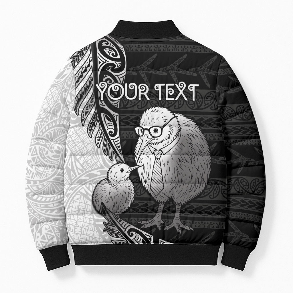 Personalised New Zealand Father's Day Bomber Puffer Jacket Papa Kiwi Bird Tribal Pattern