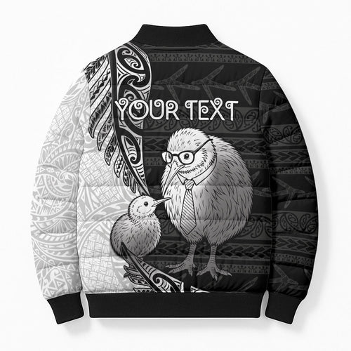 Personalised New Zealand Father's Day Bomber Puffer Jacket Papa Kiwi Bird Tribal Pattern