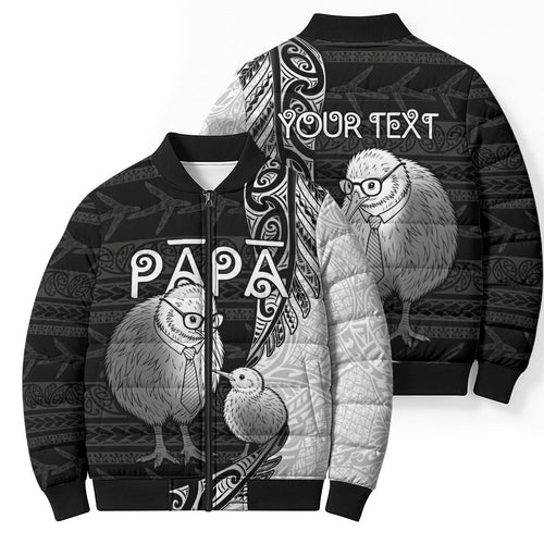 Personalised New Zealand Father's Day Bomber Puffer Jacket Papa Kiwi Bird Tribal Pattern
