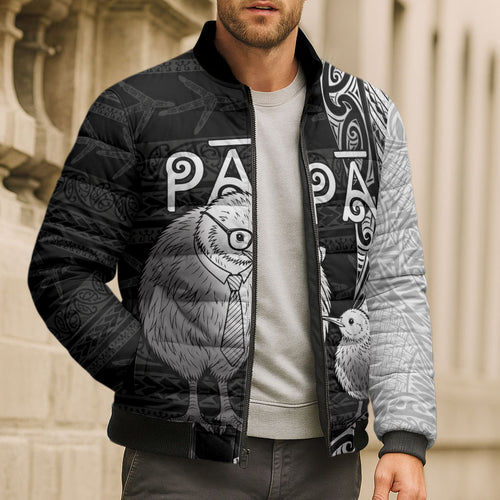 Personalised New Zealand Father's Day Bomber Puffer Jacket Papa Kiwi Bird Tribal Pattern