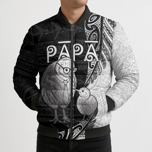Personalised New Zealand Father's Day Bomber Puffer Jacket Papa Kiwi Bird Tribal Pattern