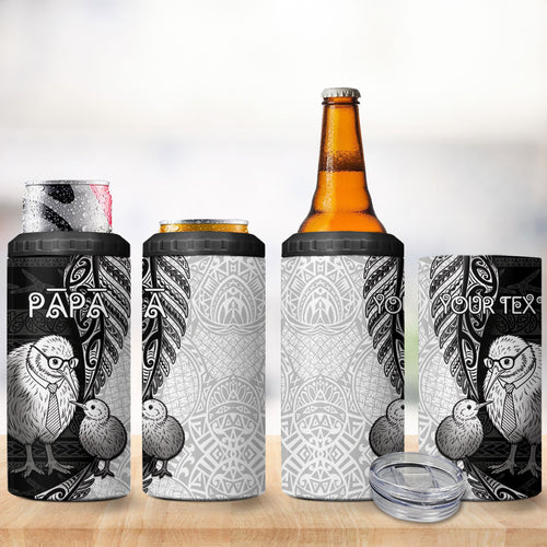 Personalised New Zealand Father's Day 4 in 1 Can Cooler Tumbler Papa Kiwi Bird Tribal Pattern
