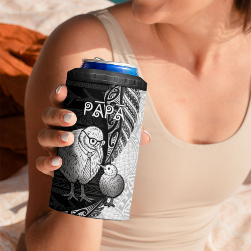 Personalised New Zealand Father's Day 4 in 1 Can Cooler Tumbler Papa Kiwi Bird Tribal Pattern