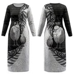 Personalised New Zealand Father's Day Couples Matching Long Sleeve Bodycon Dress and Hawaiian Shirt Papa Kiwi Bird Tribal Pattern