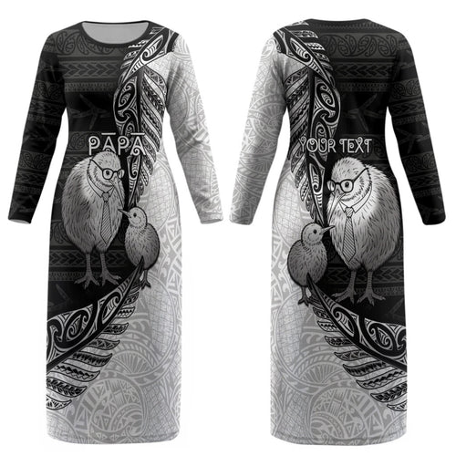 Personalised New Zealand Father's Day Couples Matching Long Sleeve Bodycon Dress and Hawaiian Shirt Papa Kiwi Bird Tribal Pattern