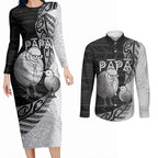 Personalised New Zealand Father's Day Couples Matching Long Sleeve Bodycon Dress and Long Sleeve Button Shirt Papa Kiwi Bird Tribal Pattern