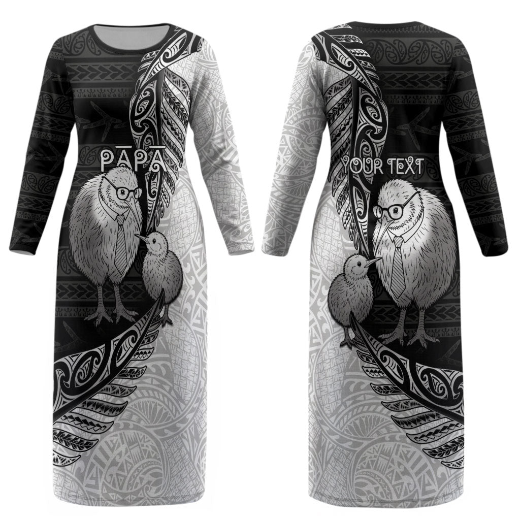 Personalised New Zealand Father's Day Couples Matching Long Sleeve Bodycon Dress and Long Sleeve Button Shirt Papa Kiwi Bird Tribal Pattern
