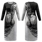 Personalised New Zealand Father's Day Couples Matching Long Sleeve Bodycon Dress and Long Sleeve Button Shirt Papa Kiwi Bird Tribal Pattern