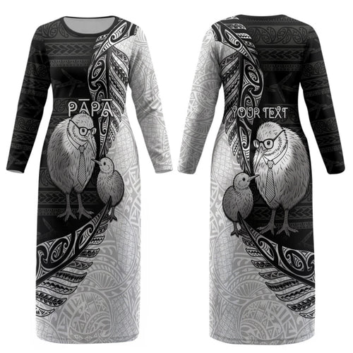 Personalised New Zealand Father's Day Couples Matching Long Sleeve Bodycon Dress and Long Sleeve Button Shirt Papa Kiwi Bird Tribal Pattern