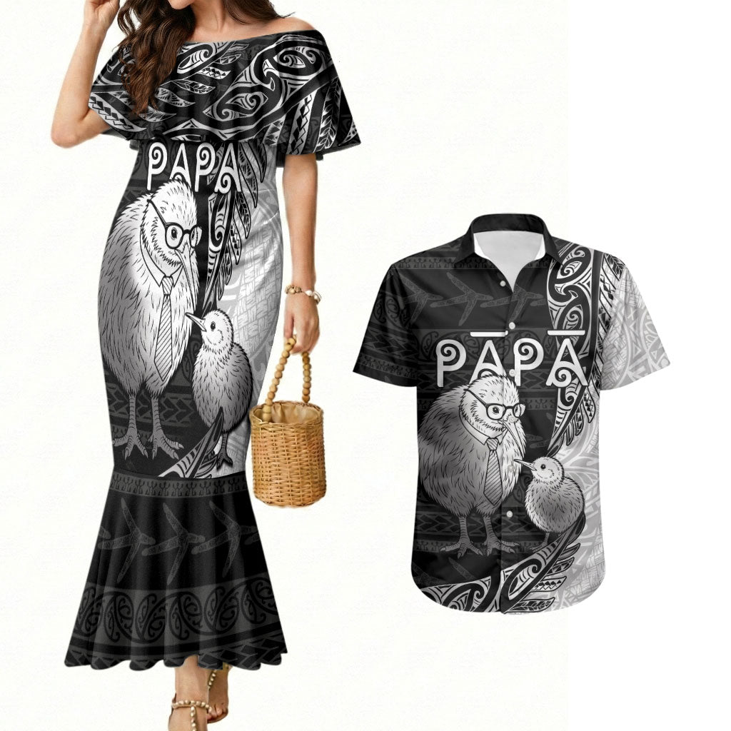 Personalised New Zealand Father's Day Couples Matching Mermaid Dress and Hawaiian Shirt Papa Kiwi Bird Tribal Pattern