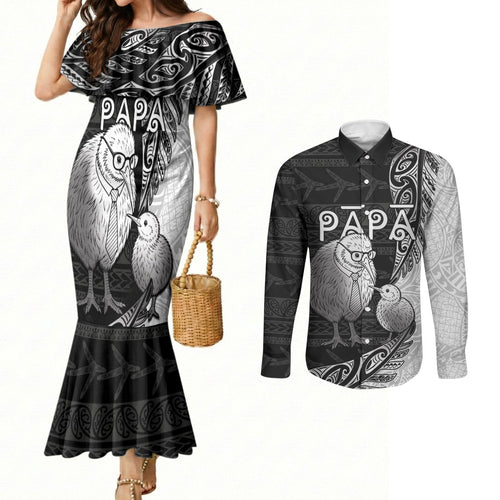 Personalised New Zealand Father's Day Couples Matching Mermaid Dress and Long Sleeve Button Shirt Papa Kiwi Bird Tribal Pattern