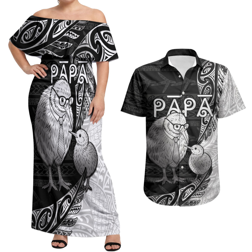 Personalised New Zealand Father's Day Couples Matching Off Shoulder Maxi Dress and Hawaiian Shirt Papa Kiwi Bird Tribal Pattern