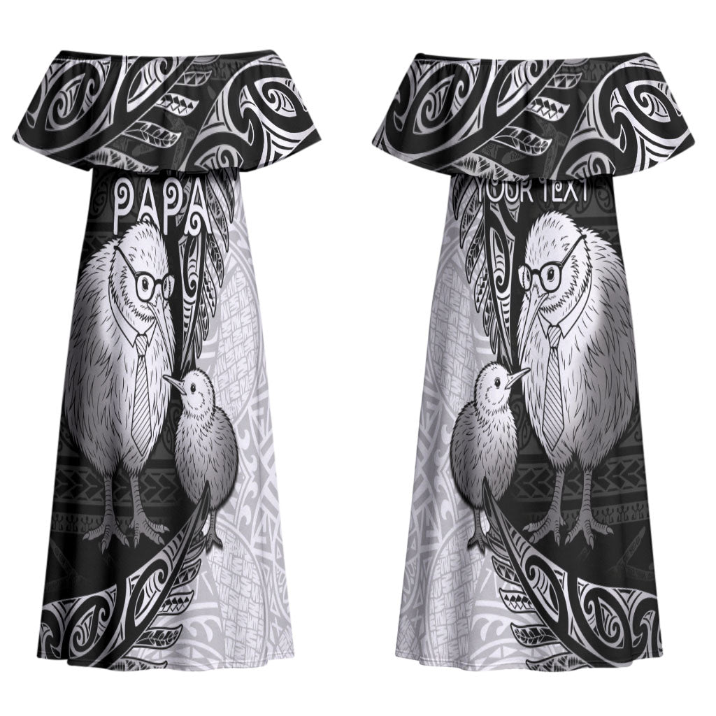 Personalised New Zealand Father's Day Couples Matching Off Shoulder Maxi Dress and Hawaiian Shirt Papa Kiwi Bird Tribal Pattern