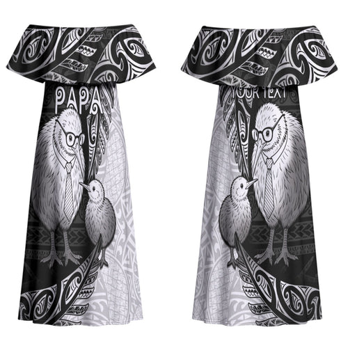 Personalised New Zealand Father's Day Couples Matching Off Shoulder Maxi Dress and Hawaiian Shirt Papa Kiwi Bird Tribal Pattern