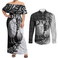 Personalised New Zealand Father's Day Couples Matching Off Shoulder Maxi Dress and Long Sleeve Button Shirt Papa Kiwi Bird Tribal Pattern