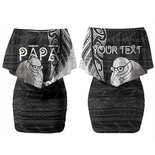 Personalised New Zealand Father's Day Couples Matching Off Shoulder Short Dress and Hawaiian Shirt Papa Kiwi Bird Tribal Pattern