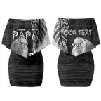 Personalised New Zealand Father's Day Couples Matching Off Shoulder Short Dress and Long Sleeve Button Shirt Papa Kiwi Bird Tribal Pattern