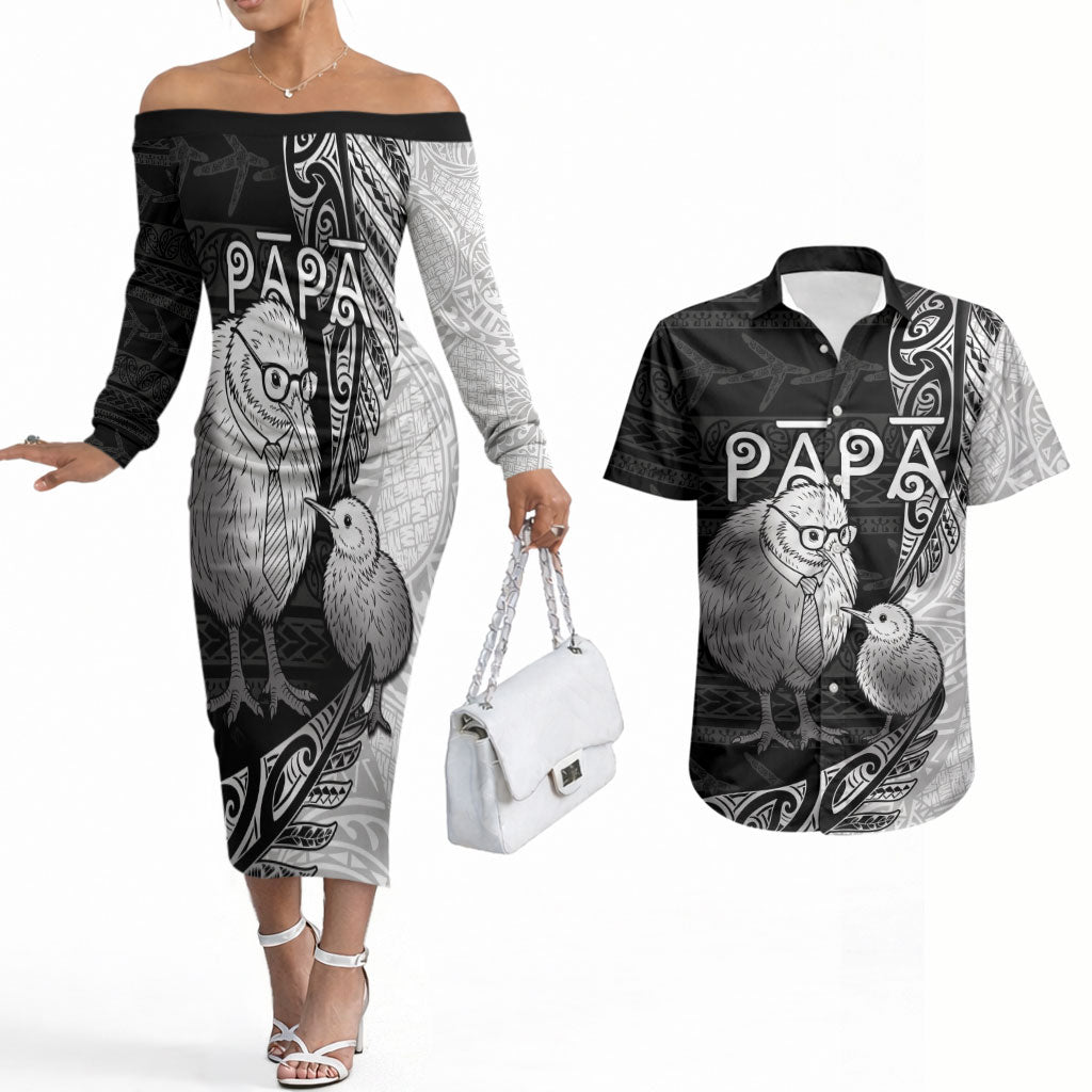 Personalised New Zealand Father's Day Couples Matching Off The Shoulder Long Sleeve Dress and Hawaiian Shirt Papa Kiwi Bird Tribal Pattern
