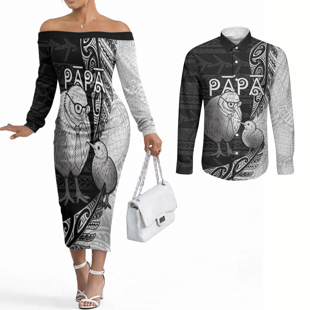 Personalised New Zealand Father's Day Couples Matching Off The Shoulder Long Sleeve Dress and Long Sleeve Button Shirt Papa Kiwi Bird Tribal Pattern