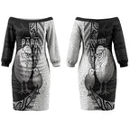 Personalised New Zealand Father's Day Couples Matching Off The Shoulder Long Sleeve Dress and Long Sleeve Button Shirt Papa Kiwi Bird Tribal Pattern