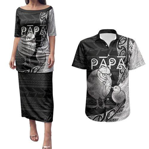 Personalised New Zealand Father's Day Couples Matching Puletasi and Hawaiian Shirt Papa Kiwi Bird Tribal Pattern