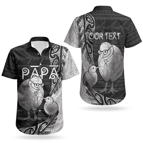 Personalised New Zealand Father's Day Couples Matching Puletasi and Hawaiian Shirt Papa Kiwi Bird Tribal Pattern