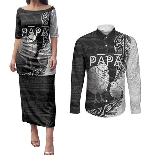 Personalised New Zealand Father's Day Couples Matching Puletasi and Long Sleeve Button Shirt Papa Kiwi Bird Tribal Pattern