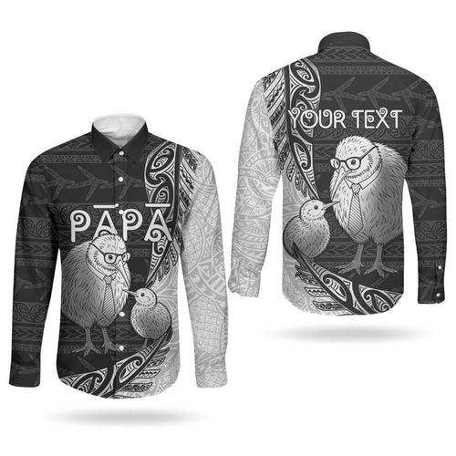 Personalised New Zealand Father's Day Couples Matching Puletasi and Long Sleeve Button Shirt Papa Kiwi Bird Tribal Pattern