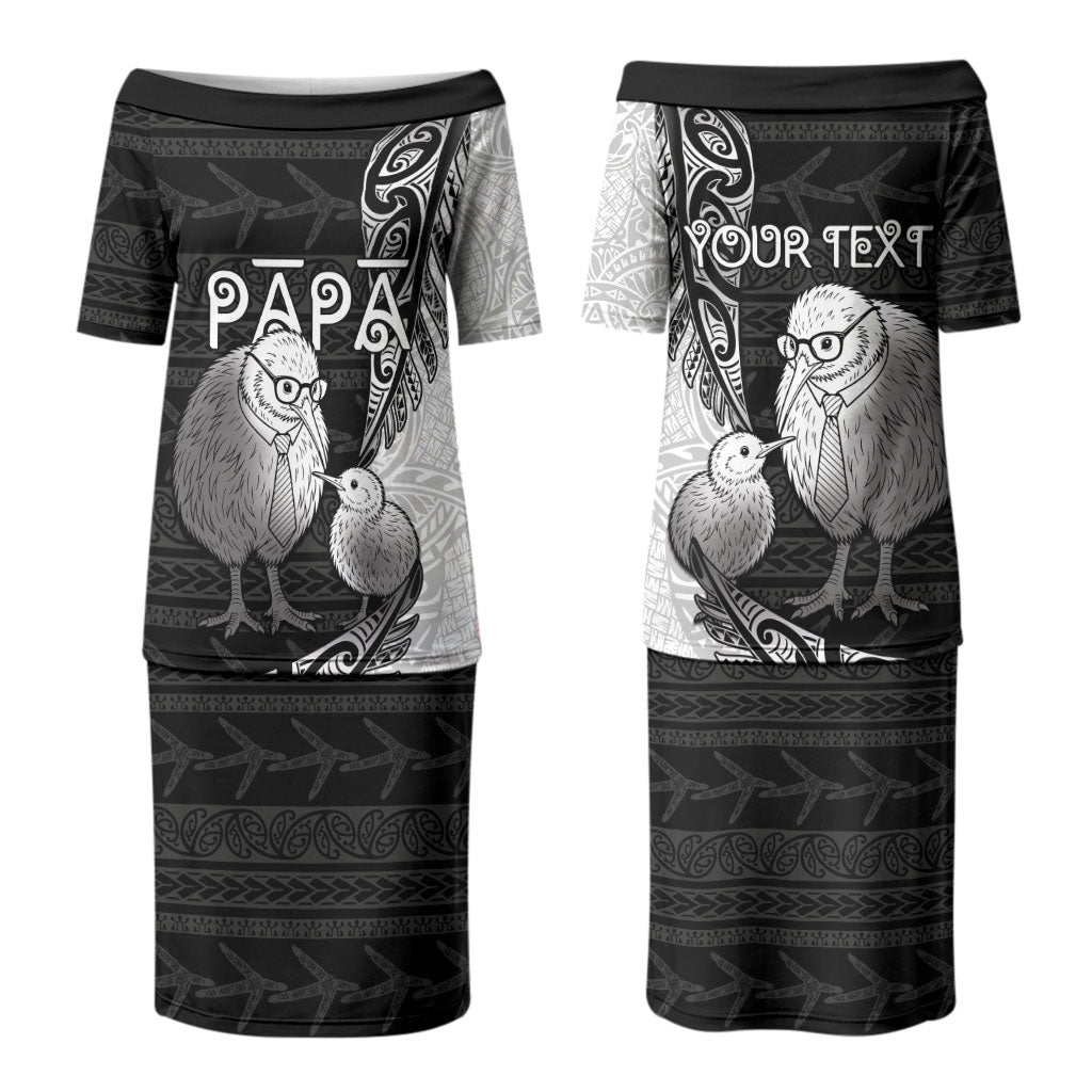 Personalised New Zealand Father's Day Couples Matching Puletasi and Long Sleeve Button Shirt Papa Kiwi Bird Tribal Pattern